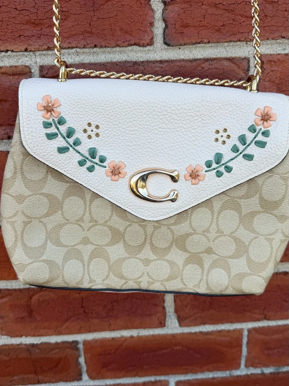 Coach Tammie Floral Appliqué Signature Canvas Shoulder Bag in Chalk/Tan